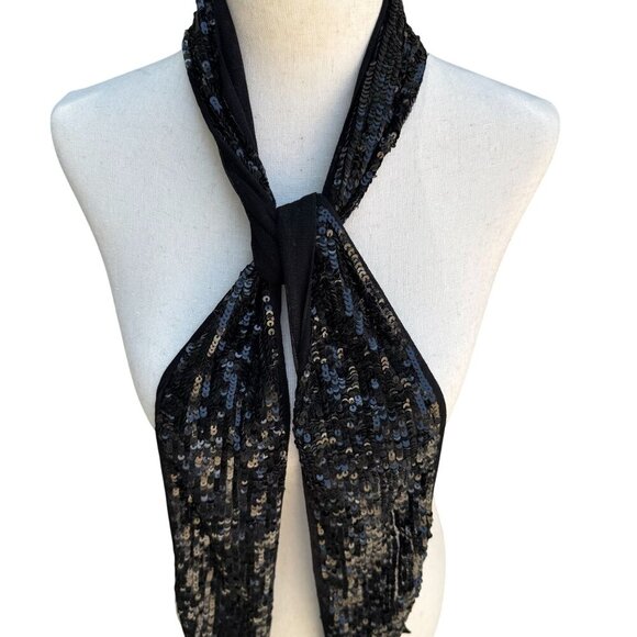 Valerie Stevens Womens Black Glam Party Sequin Mesh Scarf Wrap Belt Tie New OS - Picture 5 of 6